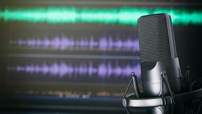 podcast mic and editing software on computer screen