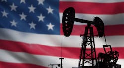 Silhouette of oil drilling pump on background of US flag. Silhouette of oil drilling pump on background of US flag.