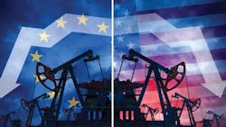 European and American flags as backdrop to drilling rigs European and American flags as backdrop to drilling rigs
