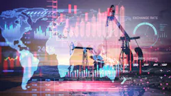 Global oil market concept, global map, charts, pumpjacks Global oil market concept, global map, charts, pumpjacks