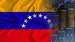 Venezuelan flag over oil barrels, market concept Venezuelan flag over oil barrels, market concept