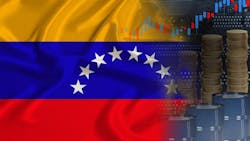 Venezuela flag and oil barrels Venezuela flag and oil barrels