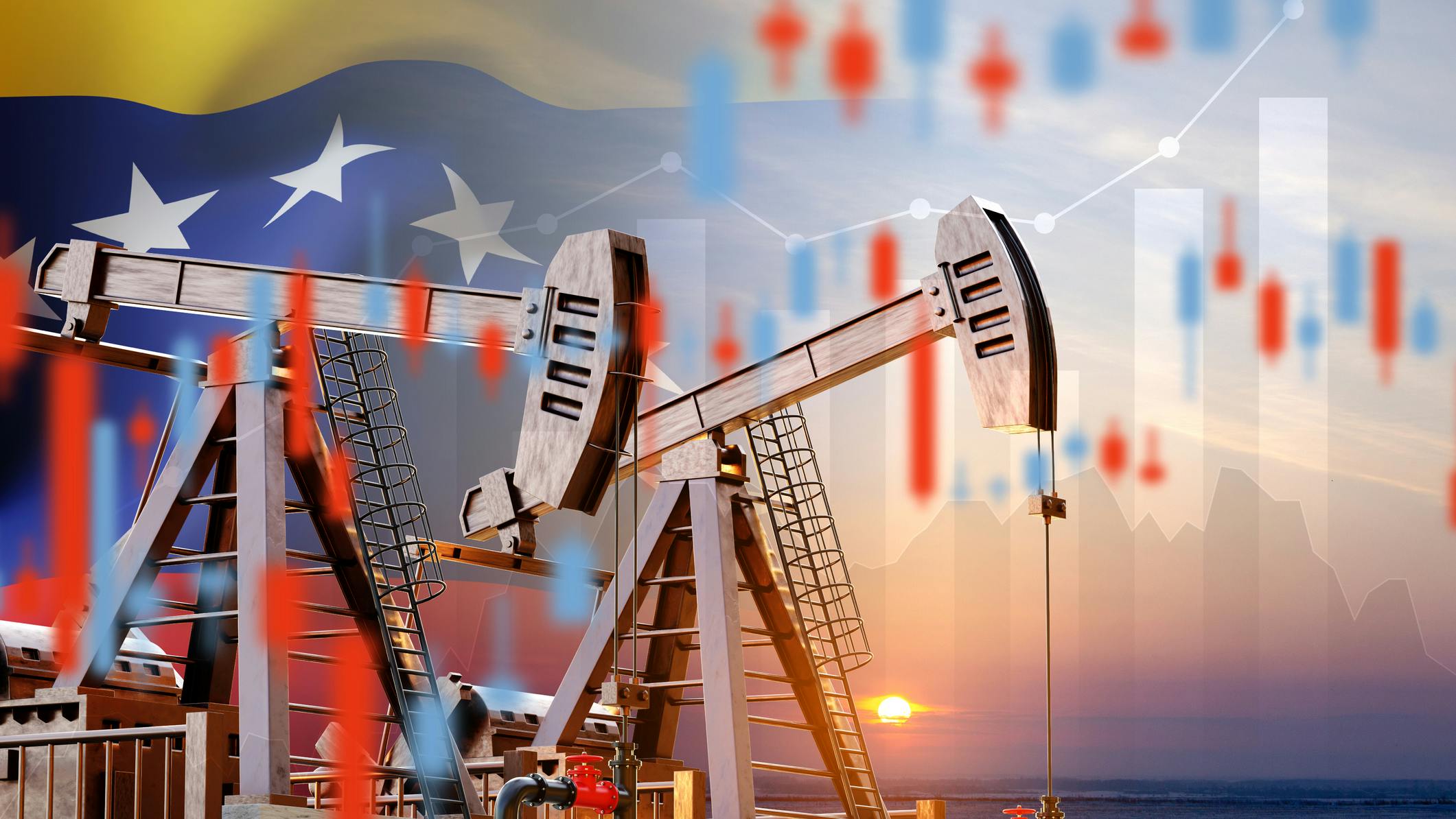 Oil pumpjacks against the sunset with financial graphs and Venezuela flag. Quotes and charts fluctuations in cost energy resources. Oil industry concept.