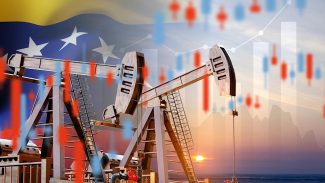 Oil pumpjacks against the sunset with financial graphs and Venezuela flag. Quotes and charts fluctuations in cost energy resources. Oil industry concept.