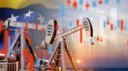 Oil pumpjacks against the sunset with financial graphs and Venezuela flag. Quotes and charts fluctuations in cost energy resources. Oil industry concept. Oil pumpjacks against the sunset with financial graphs and Venezuela flag. Quotes and charts fluctuations in cost energy resources. Oil industry concept.