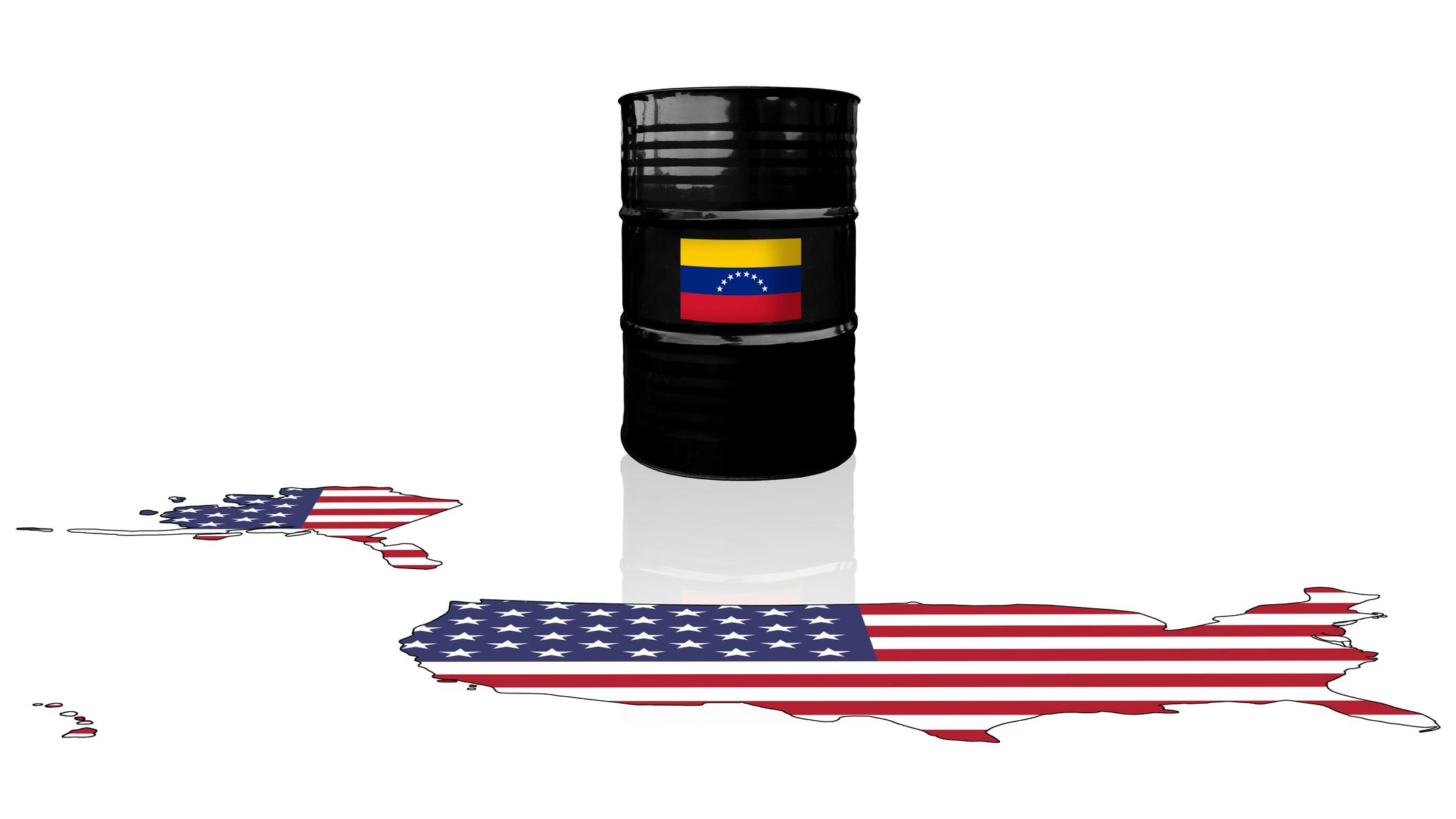 Crude oil barrel with Venezuela flags on a USA map