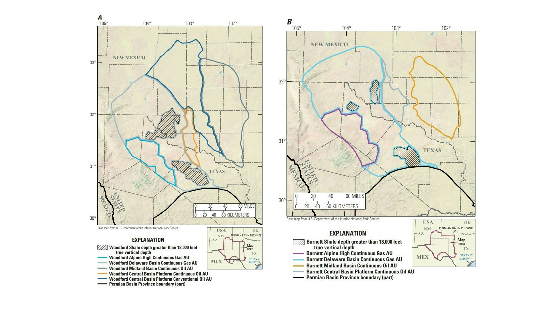 Woodford shale, Barnett shale, Permian basin