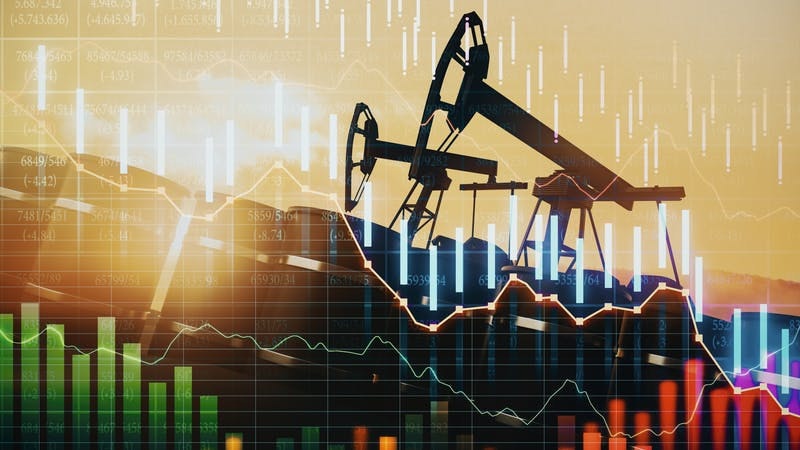 oil market concept, oil barrels, market graphs