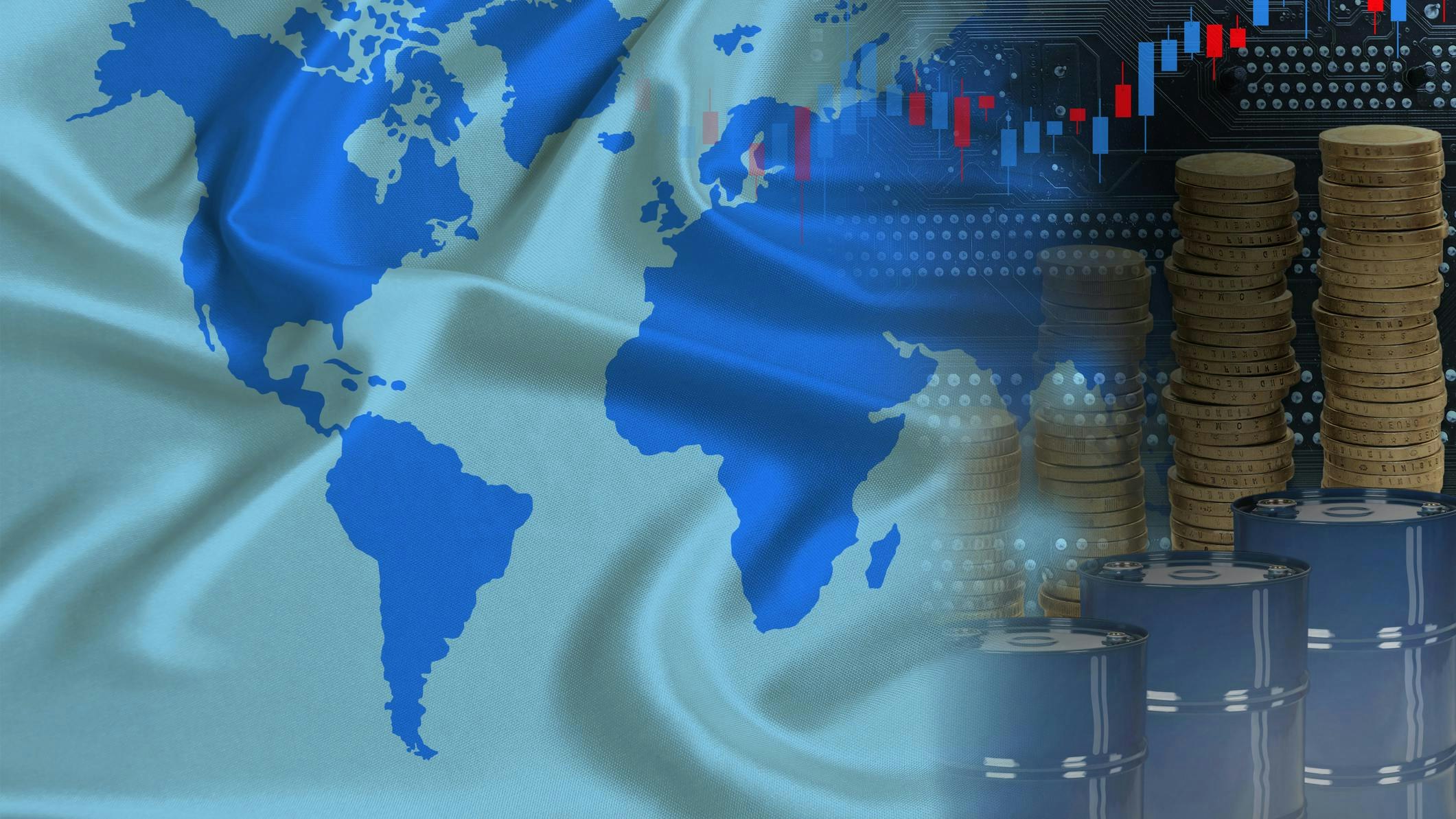 Barrels of oil, metal coins, oil futures trading concept, growth of DBO index on stock exchange, global world trade, falling and rises oil prices
