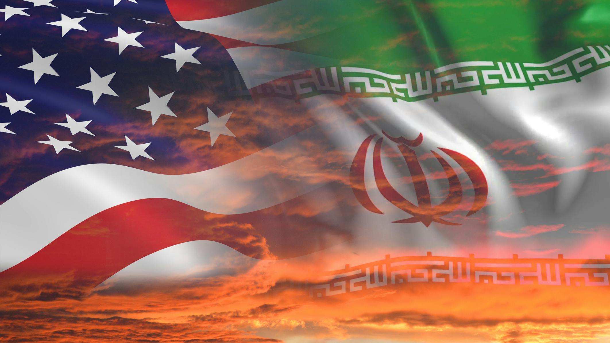 US, Iran flags on stormy cloudy orange sky background