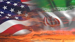 US, Iran flags on stormy cloudy orange sky background US, Iran flags on stormy cloudy orange sky background