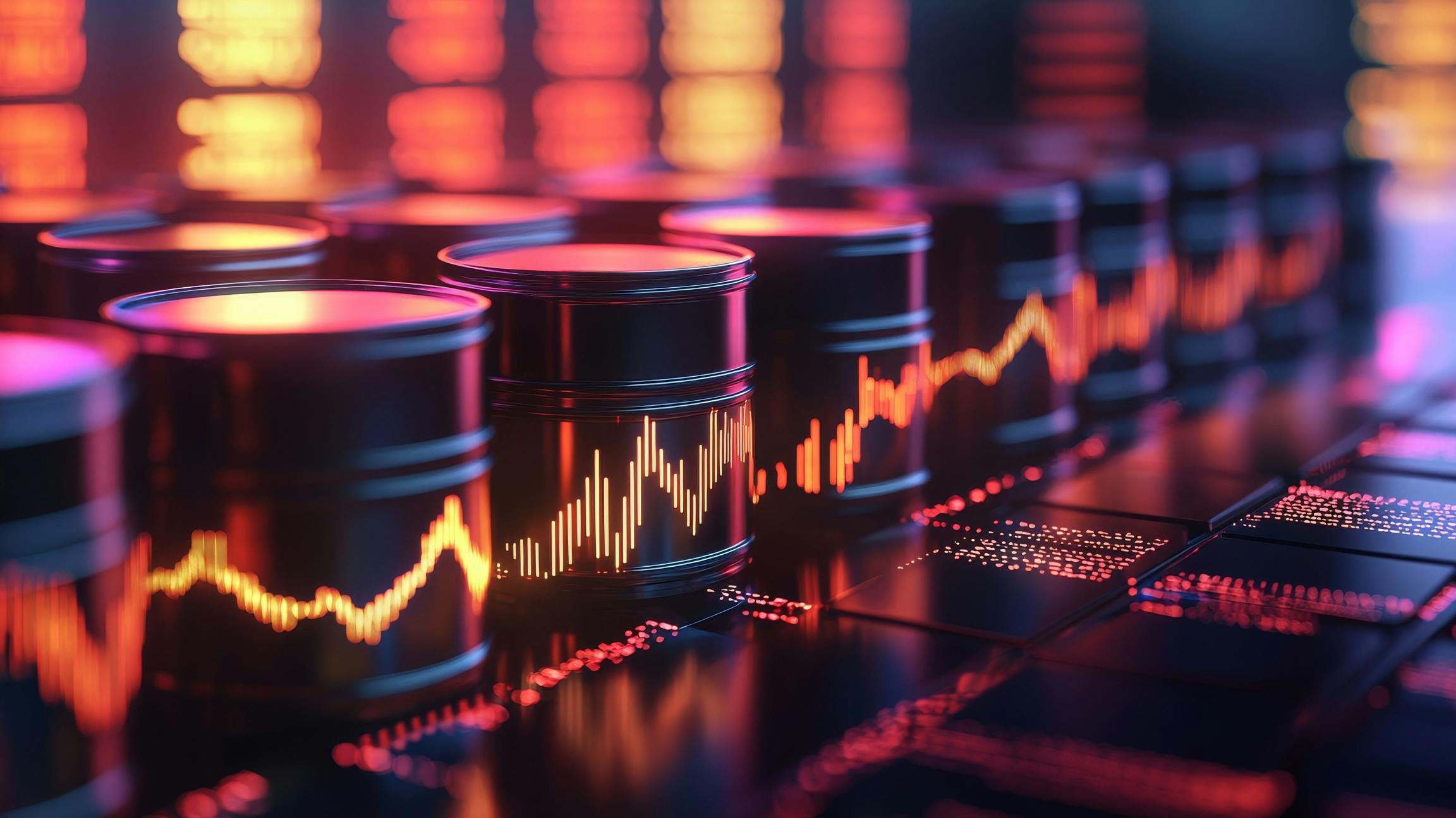 AI-generated image of oil barrels with bar chart illustrating volatility of oil market.