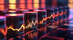 AI-generated image of oil barrels with bar chart illustrating volatility of oil market. AI-generated image of oil barrels with bar chart illustrating volatility of oil market.