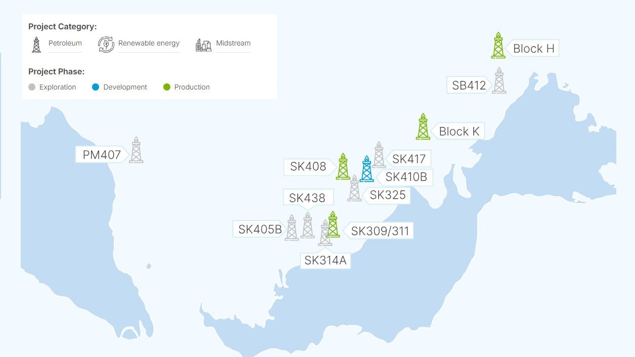 Map of PTTEP oil and gas projects across Malaysia
