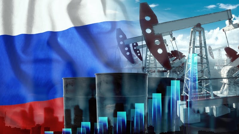 Image of Russian flag next to oil pumpjack and barrels with graphs