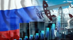 Image of Russian flag next to oil pumpjack and barrels with graphs Image of Russian flag next to oil pumpjack and barrels with graphs