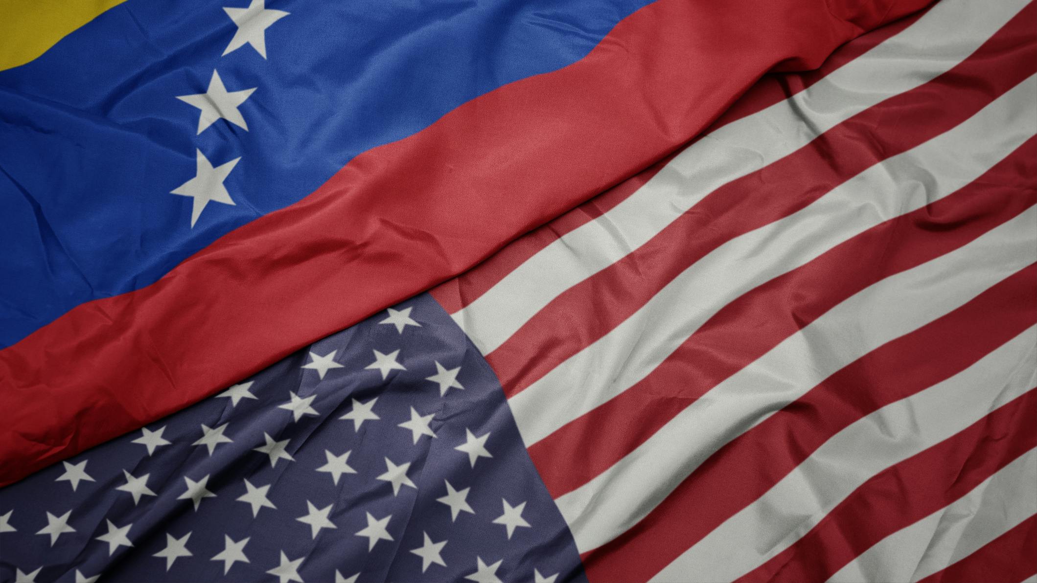Split screen of Venezuela flag and US flag