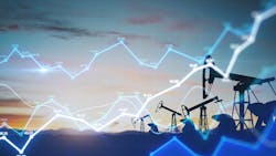 line graphs with onshore oil derricks in the background, depicting oil market line graphs with onshore oil derricks in the background, depicting oil market