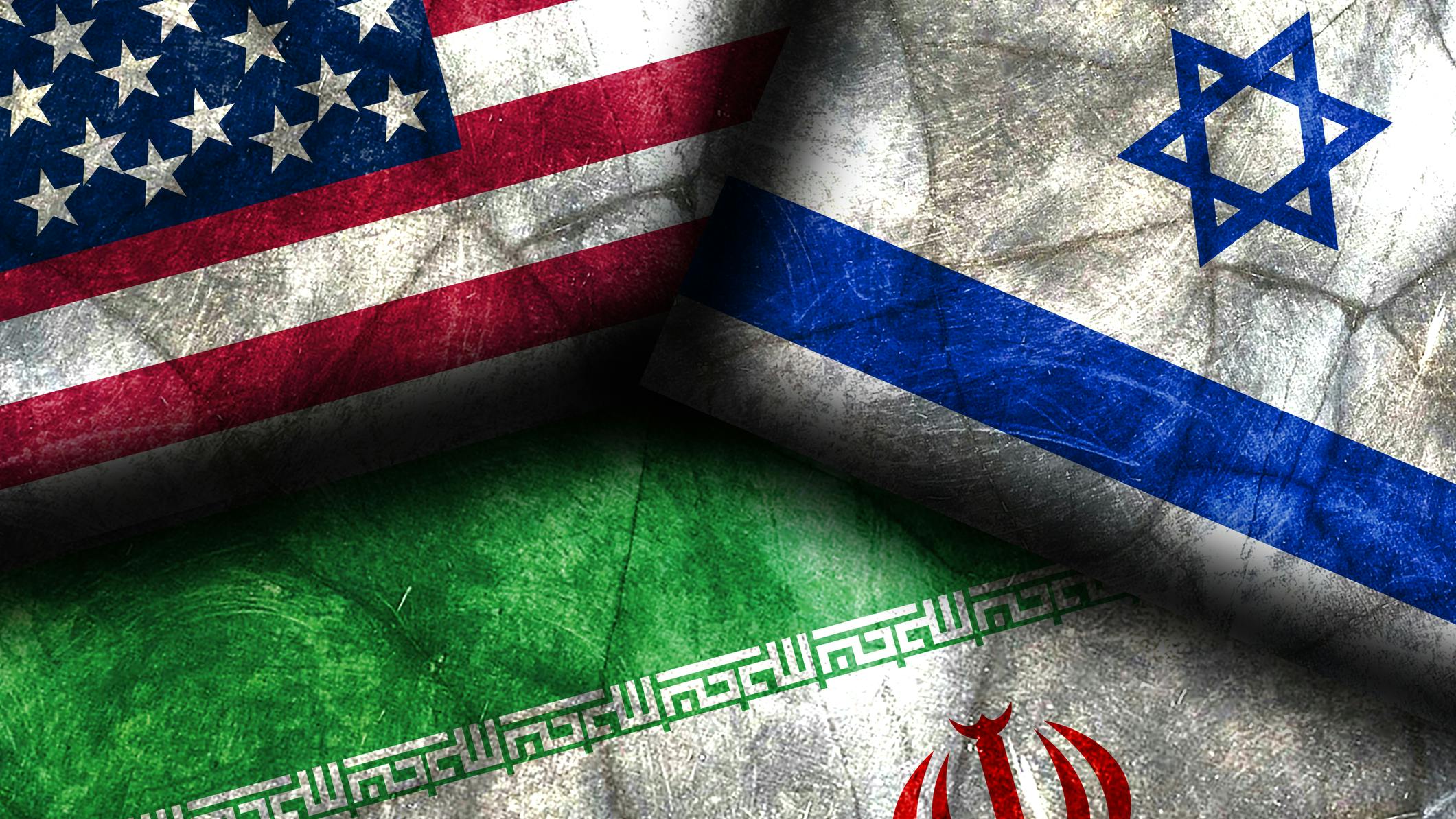 US, Israel, and Iran flags