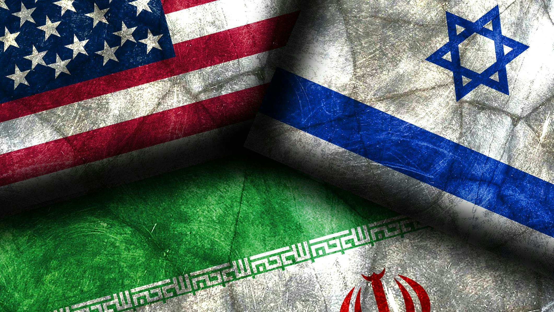 US, Israel, and Iran flags