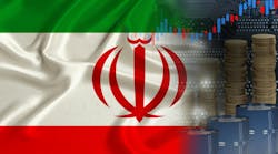 Iranian flag over barrels of oil, metal coins, oil futures trading concept Iranian flag over barrels of oil, metal coins, oil futures trading concept