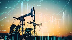 Oil pump jacks at sunset with financial stock market graphs overlay Oil pump jacks at sunset with financial stock market graphs overlay