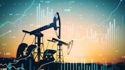 Oil pump jacks at sunset with financial stock market graphs overlay Oil pump jacks at sunset with financial stock market graphs overlay