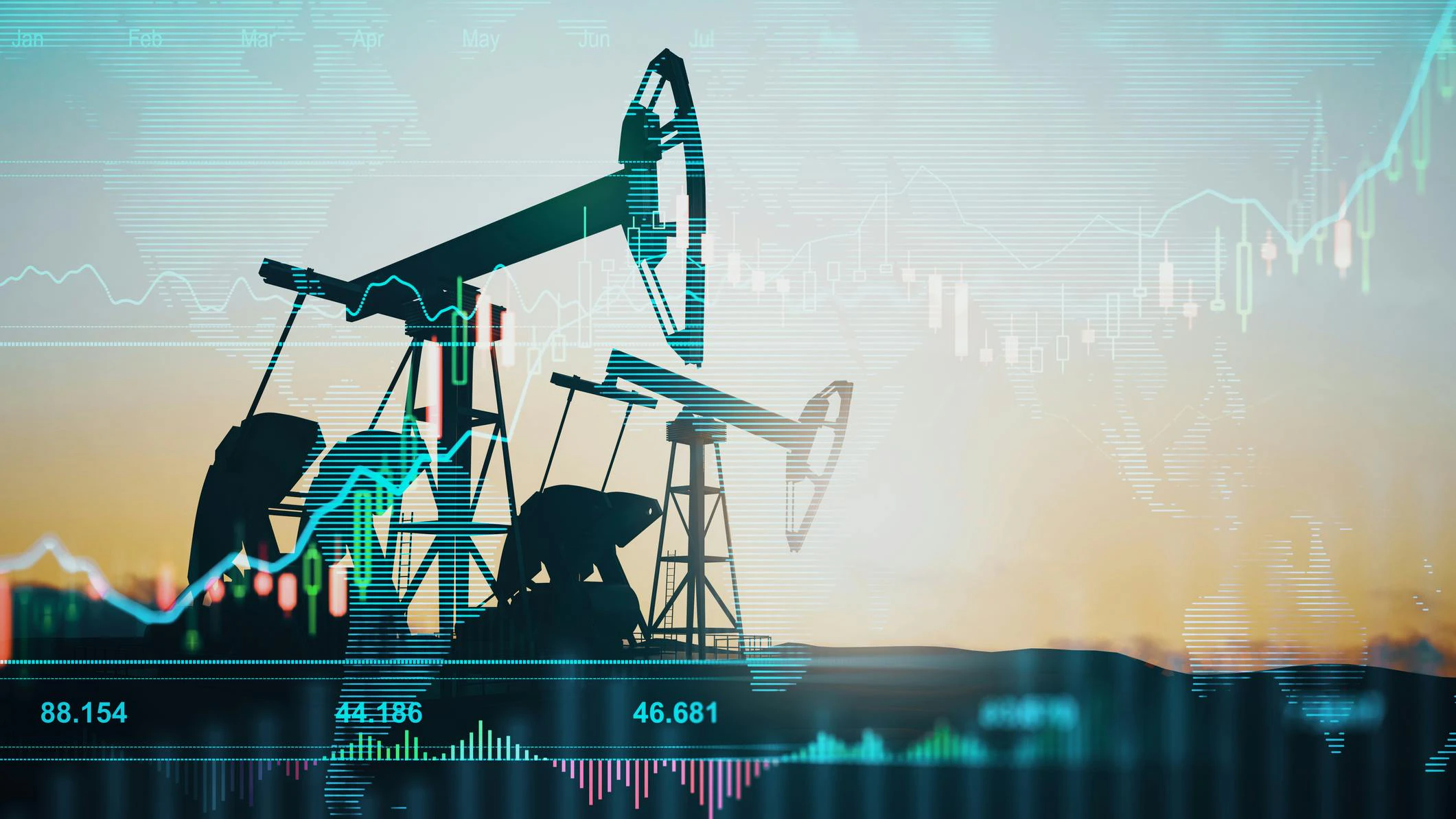 Oil industry and index concept with oil pump jack silhouettes at sunset field background and virtual financial chart
