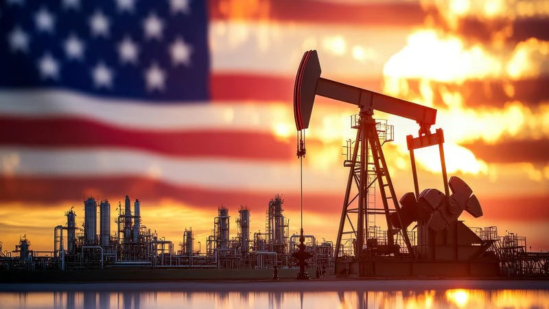 oil and gas infrastructure with US flag and sunset background