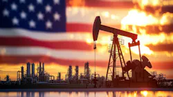 oil and gas infrastructure with US flag and sunset background oil and gas infrastructure with US flag and sunset background