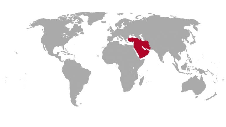 Middle East highlighted in red on a world map