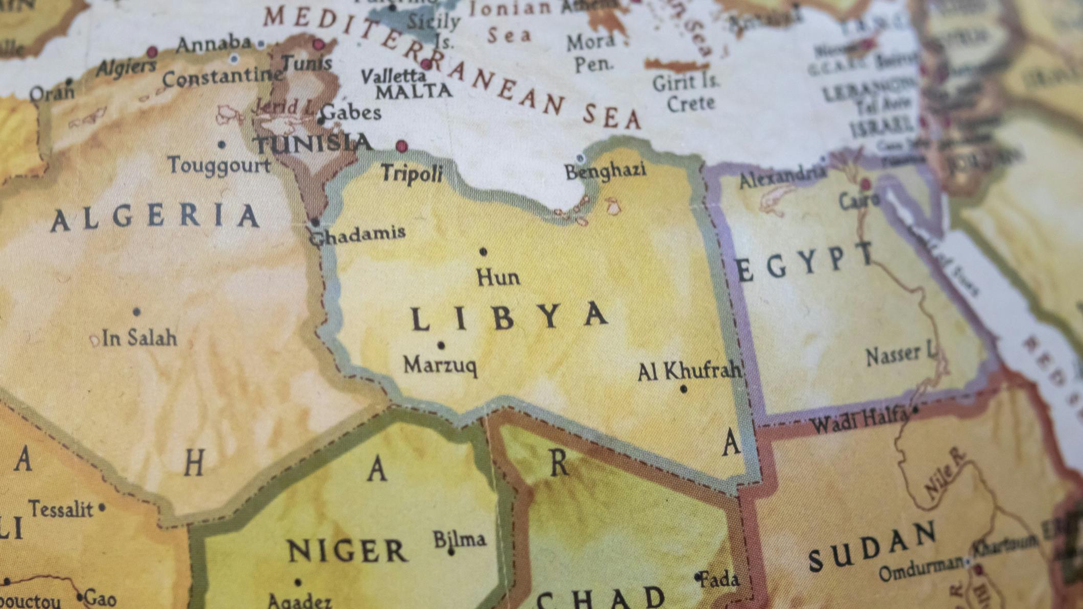 Close up on the country of Libya on a world map