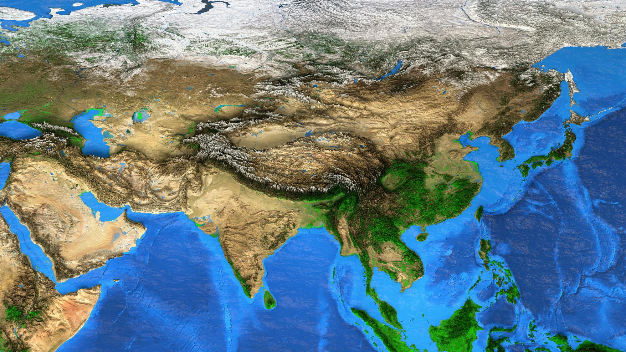Detailed satellite view of Earth landforms focused on Asia