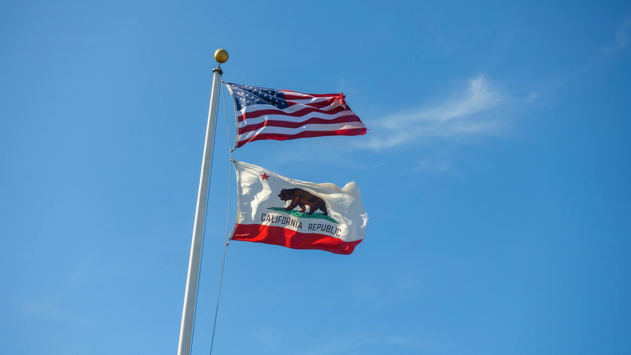 California Republic and American flags are waving.