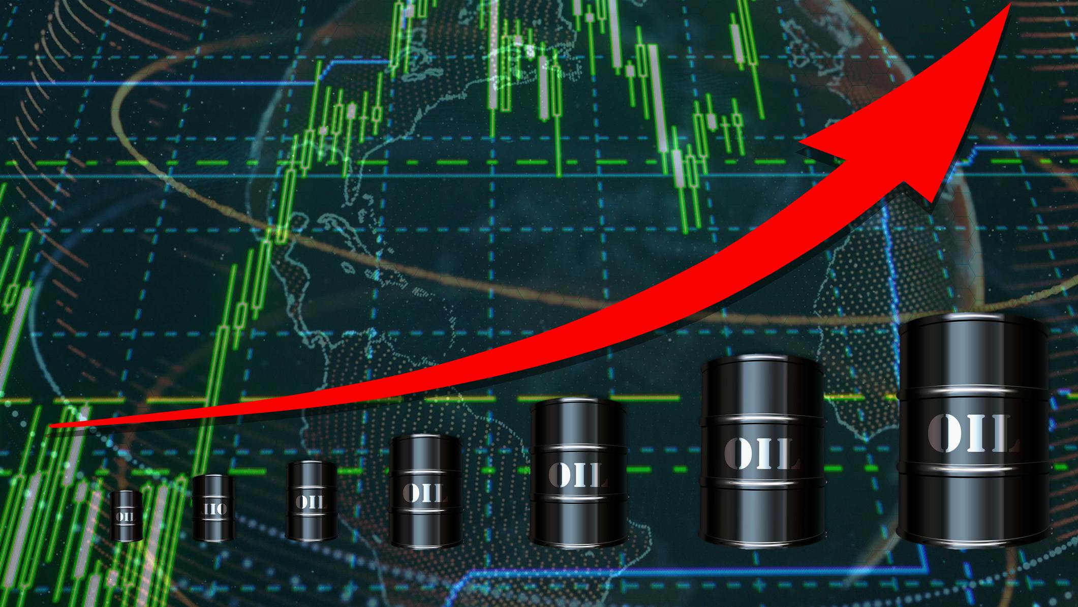 Barrels of oil on top of world map and red arrow on graph increasing. Rising oil price concept.