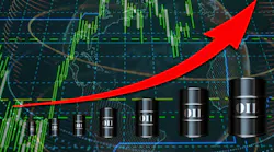 Barrels of oil on top of world map and red arrow on graph increasing. Rising oil price concept. Barrels of oil on top of world map and red arrow on graph increasing. Rising oil price concept.