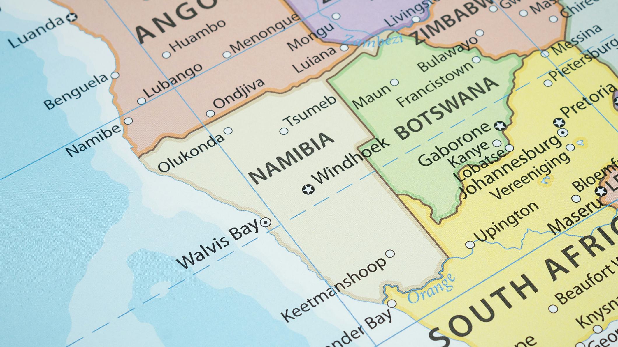 Africa map with Namibia in focus