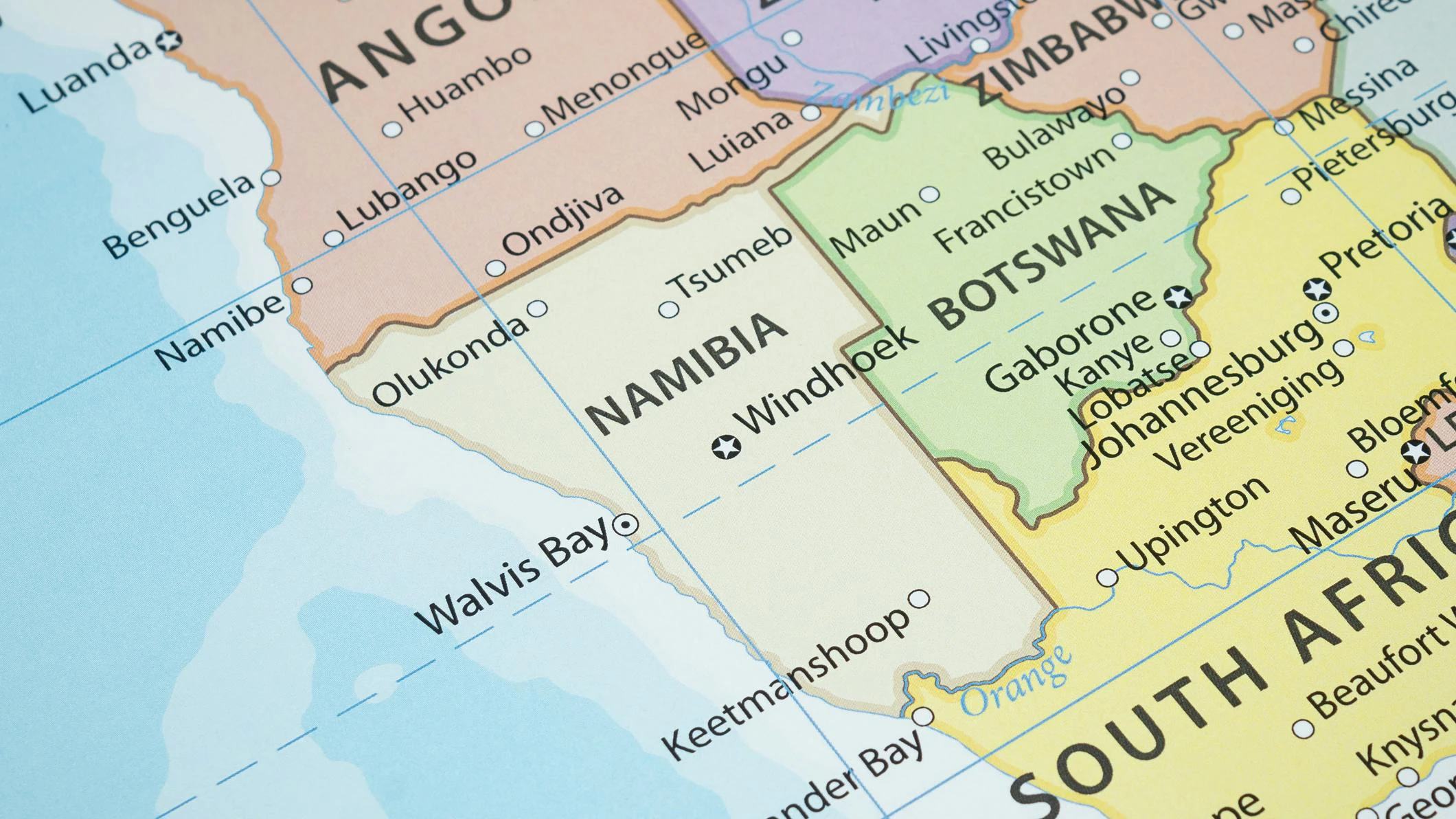 Africa map with Namibia in focus