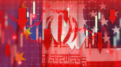 Red chart with down arrows with Iran flag image in background Red chart with down arrows with Iran flag image in background