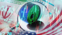 background of US and Iran flags with magnifying glass highlighting a barrel of oil and an oil price chart background of US and Iran flags with magnifying glass highlighting a barrel of oil and an oil price chart