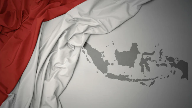 National flag of Indonesia waving with greyscale map