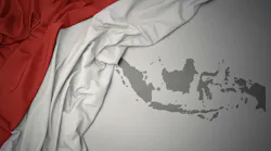 National flag of Indonesia waving with greyscale map National flag of Indonesia waving with greyscale map
