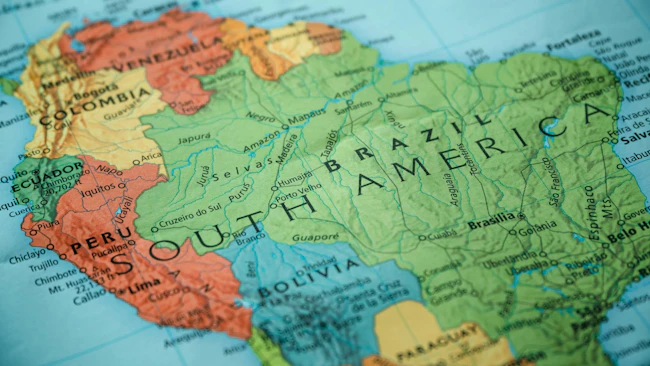 Map of South America with Brazil displayed prominently