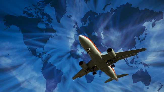 Jet flying with world map in background