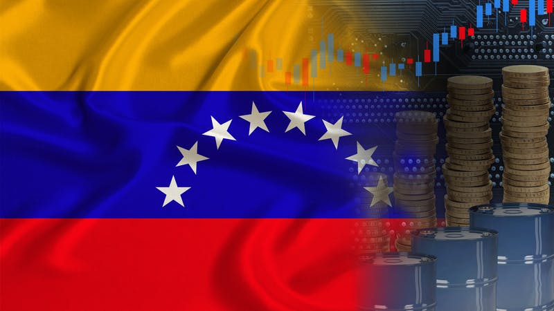 Venezuelan flag with stack of coins and line graph chart to the right