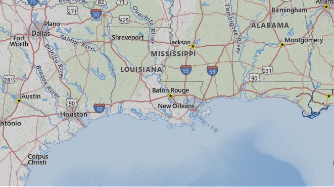 Map showing US Gulf Coast region