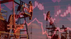 Silhouettes of industrial oil pump jacks operating at sunset, overlaid with red downward-trending lines and stock market charts Silhouettes of industrial oil pump jacks operating at sunset, overlaid with red downward-trending lines and stock market charts