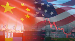 USA, China flags with container ship and financial chart background USA, China flags with container ship and financial chart background