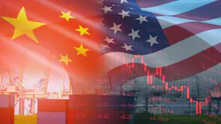 USA, China flags with container ship and financial chart background USA, China flags with container ship and financial chart background