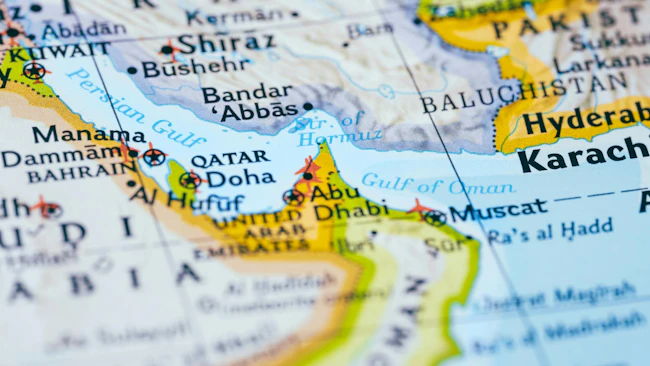 Close up map of the Middle East highlighting Iran, Persian Gulf and the Strait of Hormuz